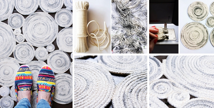 exemple pour apprendre à faire un tapis tissé facile, modèle de tapis DIY à motifs spirales en corde ombré en blanc et gris