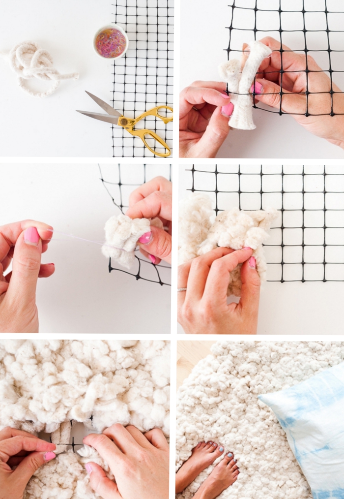 tutoriel pour apprendre comment réaliser un tapis laine facile, modèle de tapis fait sur une tapis antidérapant