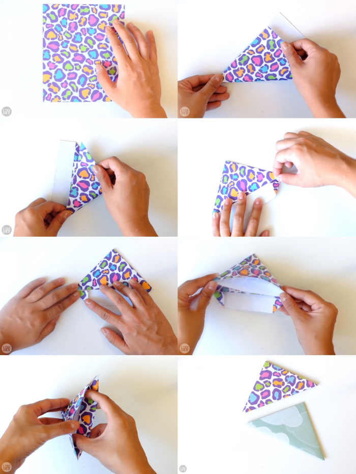 modèle d'origami enveloppe originale en forme de triangle, le pliage étape par étape d'une lettre-enveloppe en papier imprimé léopard multicolore