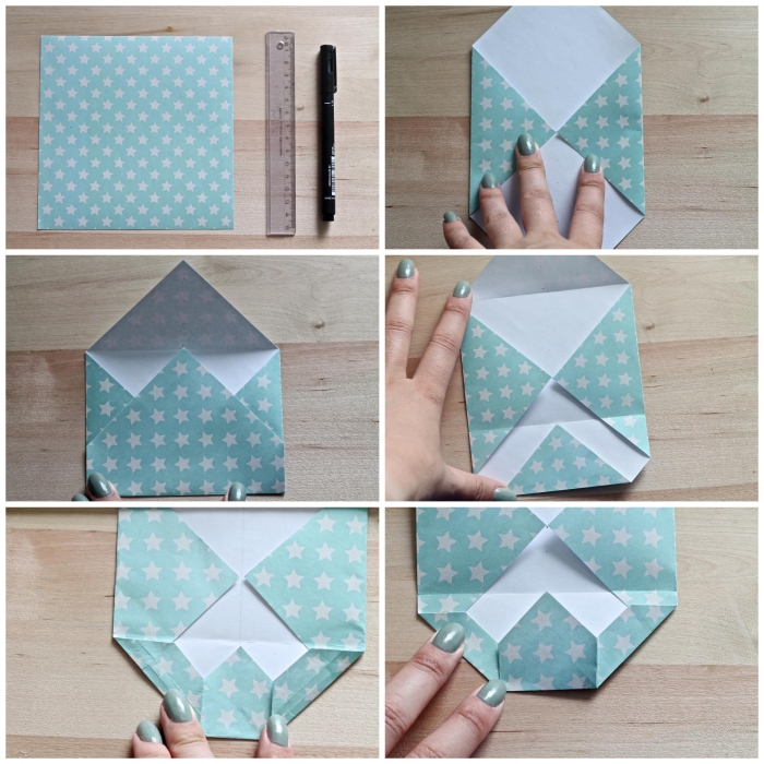 comment faire une enveloppe en papier facile avec une feuille carrée, enveloppe diy en version mini pour y glisser un bon cadeau ou un mot doux