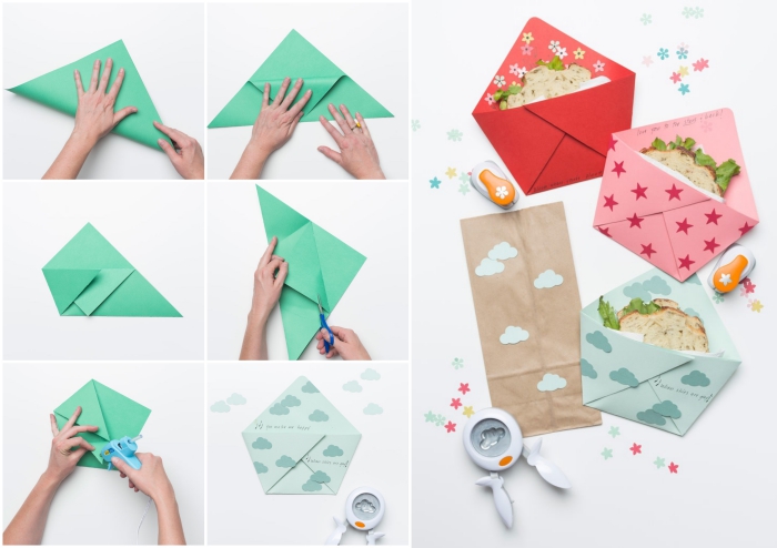 fabriquer enveloppe à sandwich ou à collation en quelques plis origami, jolie papeterie originale à faire soi-même pour la rentrée