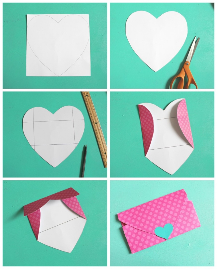 tuto pliage facile pour faire une enveloppe avec une feuille découpée en forme de coeur, enveloppe diy spécial saint-valentin avec fermeture coeur
