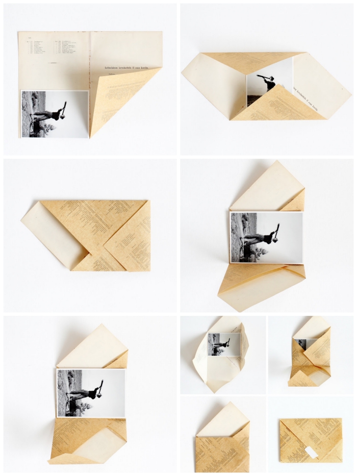 comment fabriquer enveloppe avec une page de livre recyclée, instructions de pliage d'une enveloppe asymétrique en origami avec une photo noir et blanc à l'intérieur