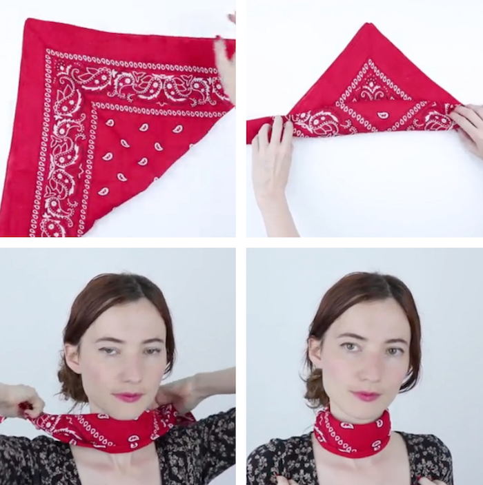 tutoriel pour mettre un bandana rouge avec noeud à la francaise autour du cou étape par étape