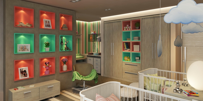 rangement mural en étagères intégrés, deux lits bébé, nuages suspendus, commode en bois