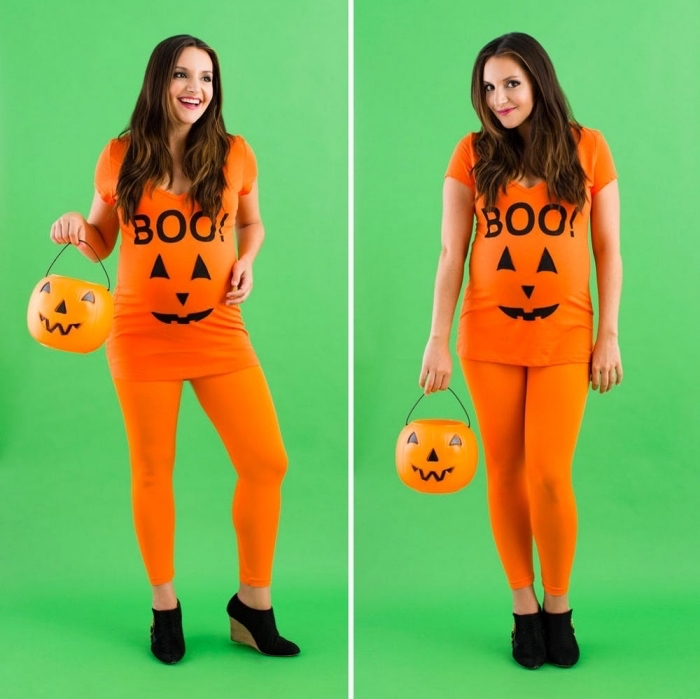 exemple de costume Halloween pour femme enceinte, deguisement d halloween a faire soi meme, costume citrouille orange facile