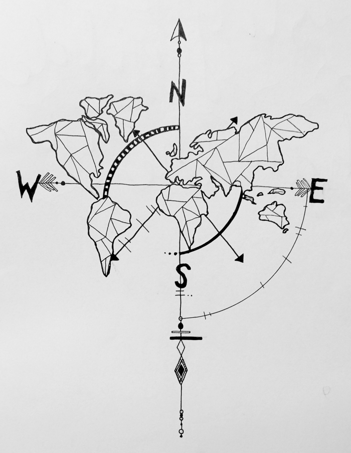 Tatouage carte du monde avec les directions du monde, le plus beau dessin de tatouage artistique, tatouage voyage original