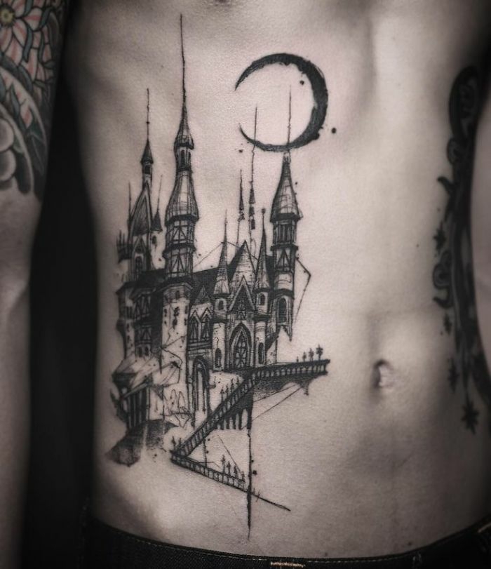 Tatouage en commun, tatouage avant bras tatouage commun couple, castel et la lune, manifique idée de tatouage architectural