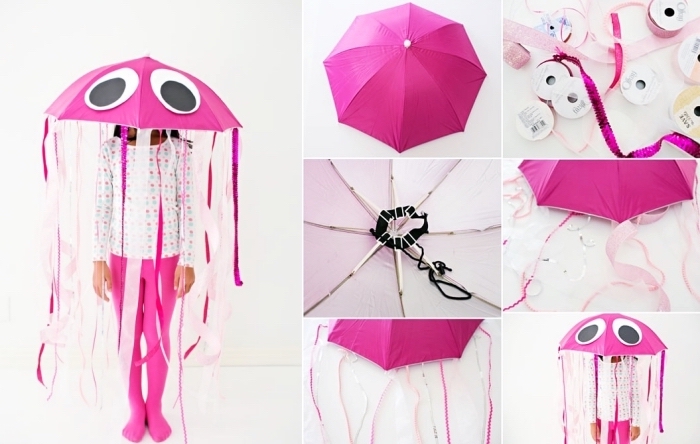 exemple de déguisement halloween fait maison pour enfant, costume pour enfant DIY à design méduse en parapluie et rubans