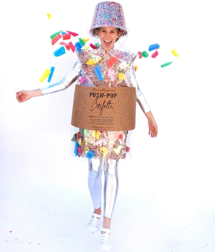 exemple de costume rigolo pour Halloween, déguisement femme DIY, costume confetti à faire soi même à petit budget