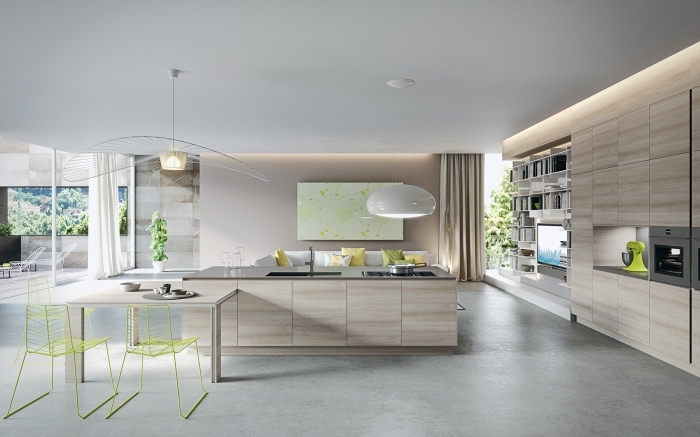 cuisine contemporaine spacieuse avec îlot central, modèle de cuisine ouverte aux lignes épurées et design minimaliste