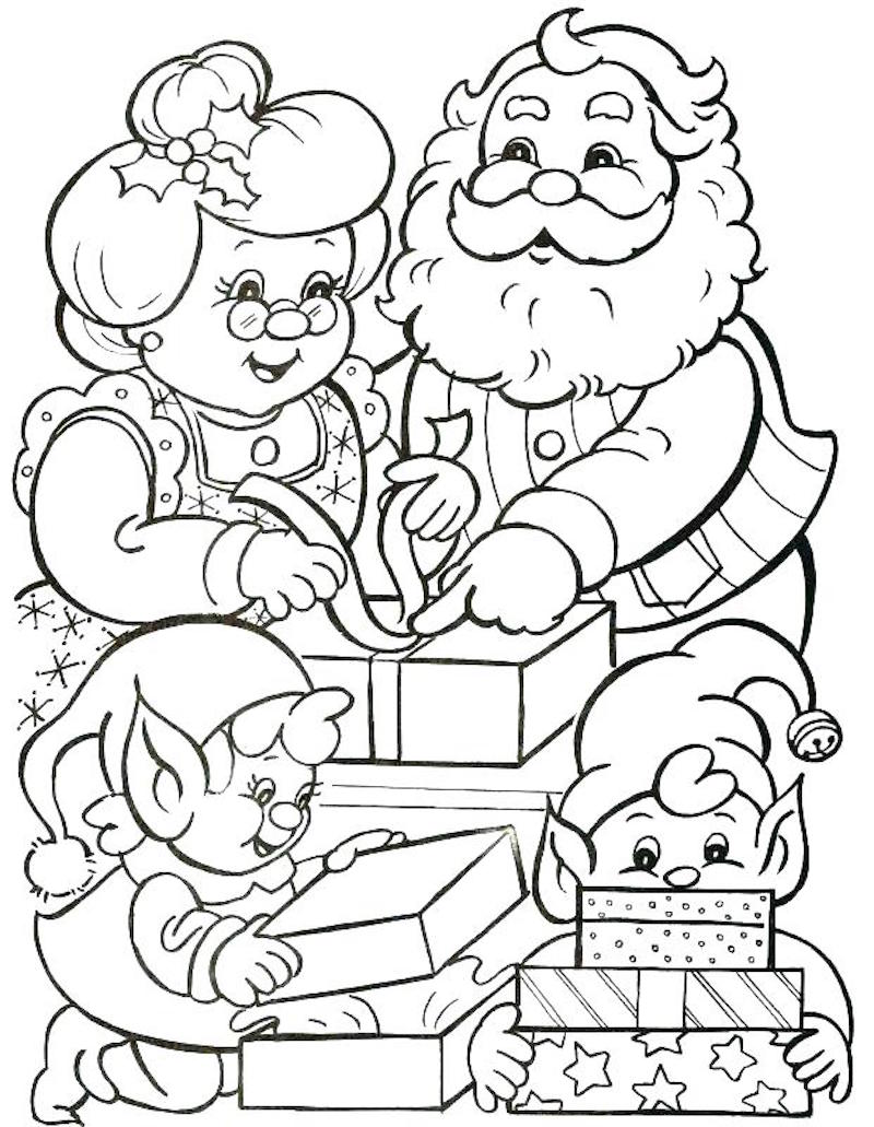 dessin de la famille du pere noel avec mere noel et les enfants lutins qui préparent les cadeaux pour coloriage