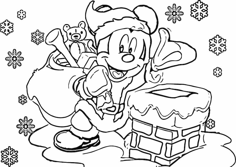 coloriage dessin de mickey en pere noel qui livre les cadeaux aux enfants par la cheminée 