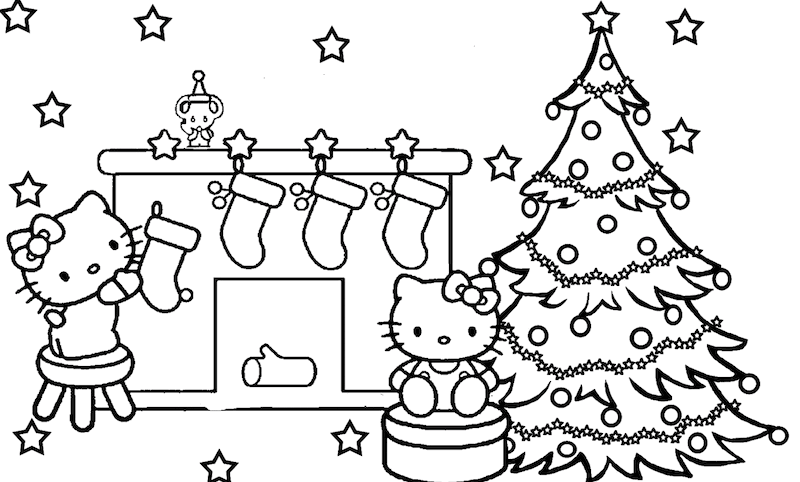 dessin à colorier de hello kitty qui prépare la décoration de noel avec cheminée et sapin à colorier