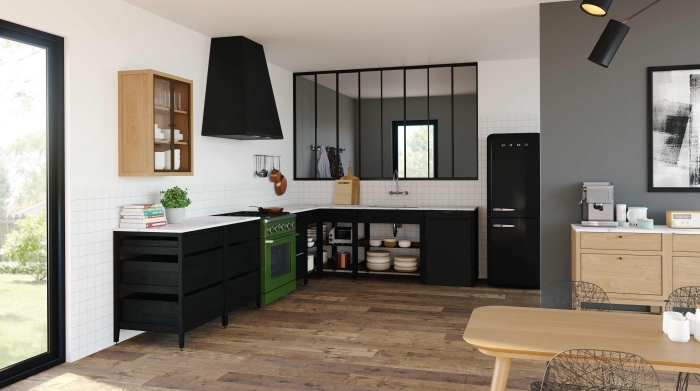 cuisine aménagée pas cher, déco de cuisine d'angle avec meubles en noir, modèle agencement cuisine en L