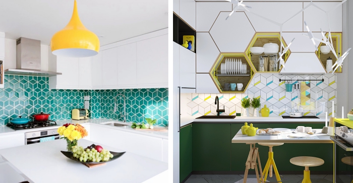 exemple de cuisine équipée aménagée d'angle, idée agencement petite cuisine, modèle de cuisine blanche avec accents colorés, crédence carreaux motifs géométriques en vert