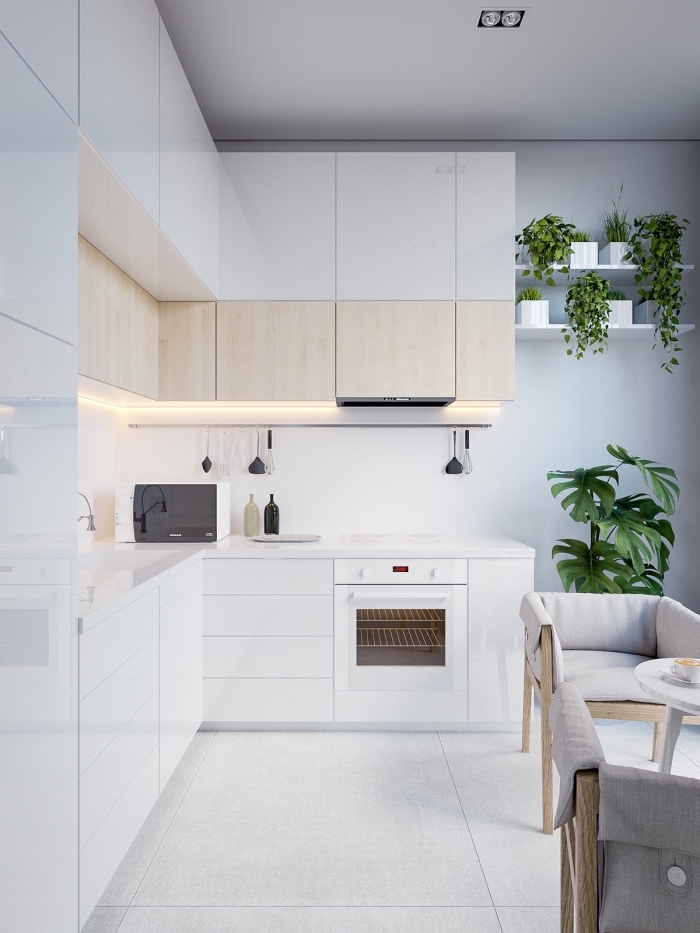 modele de cuisine en style minimaliste avec peinture murale et plafond en blanc, ambiance moderne dans une cuisine d'angle, 