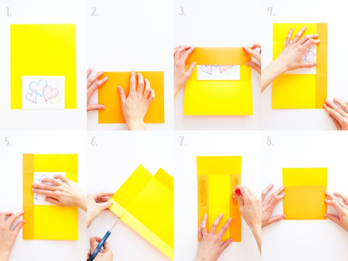 tuto avec les instructions de pliage pour faire une enveloppe avec une feuille a4, enveloppe diy jaune fermée avec de la colle
