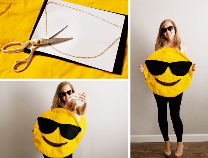 comment faire un costume insolite pour Halloween, exemple de deguisement a faire soi meme facile, costume emoji en tissu jaune