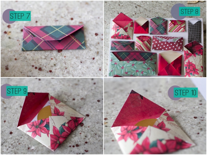 des modèles d'origami enveloppe en formats variés pour les fêtes de fin d'année, pliage facile d'une petite enveloppe réalisée avec du papier double face à motif de noel