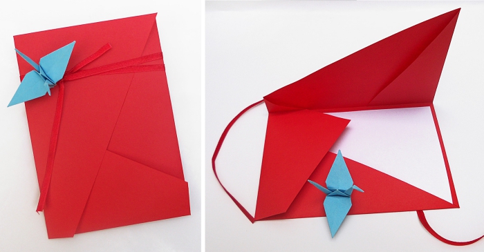 jolie pochette asymétrique avec grue en origami pour y glisser un faire-part ou une invitation de mariage, jolie pochette origami feuille a4 