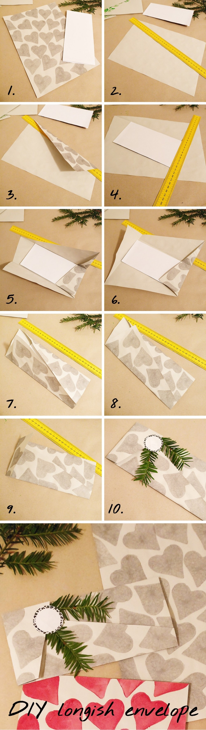 idée d'emballage de noël à faire soi-même, faire une enveloppe avec une feuille a4 imprimé coeurs, enveloppe de noël naturelle avec rabat asymétrique décorée avec une branche de sapin