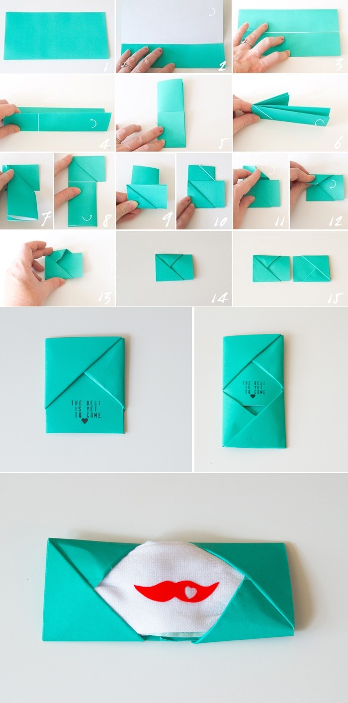 fabriquer enveloppe-pochette avec la technique de pliage origami pour y glisser une serviette personnalisée à message d'amour, idée de cadeau de saint-valentin de dernière minute