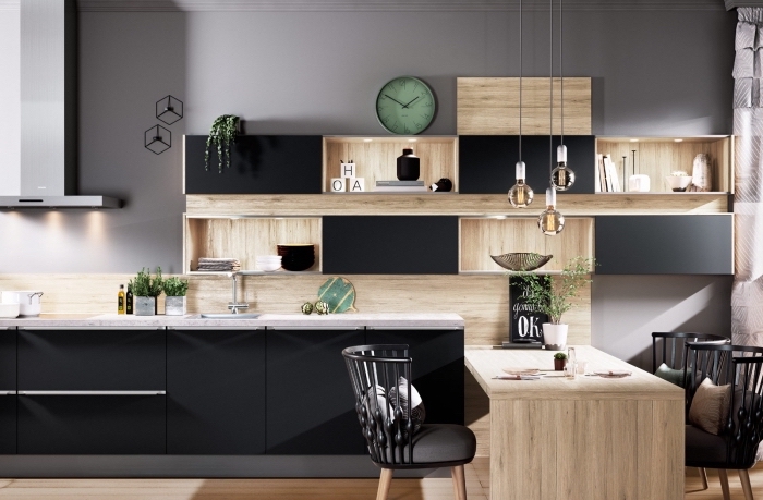quelles couleurs associer pour une déco cuisine moderne, modèle crédence de cuisine en bois avec étagères