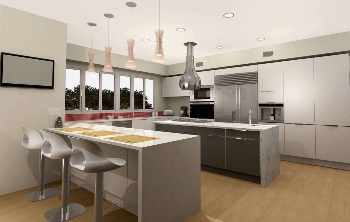 modèle de cuisine moderne en blanc et gris, exemple cuisine en longueur avec deux îlots, idée implantation cuisine