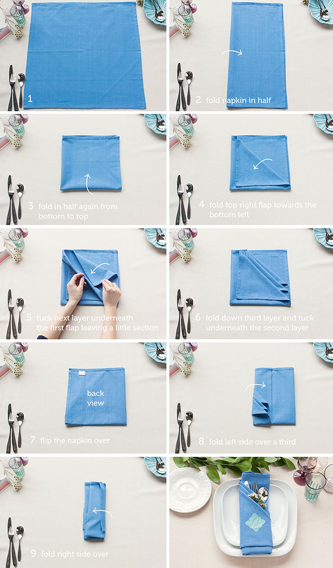 comment realiser un pliage serviette tissu bleu avec range couvert triple poche, serviette dans assiettes blanches