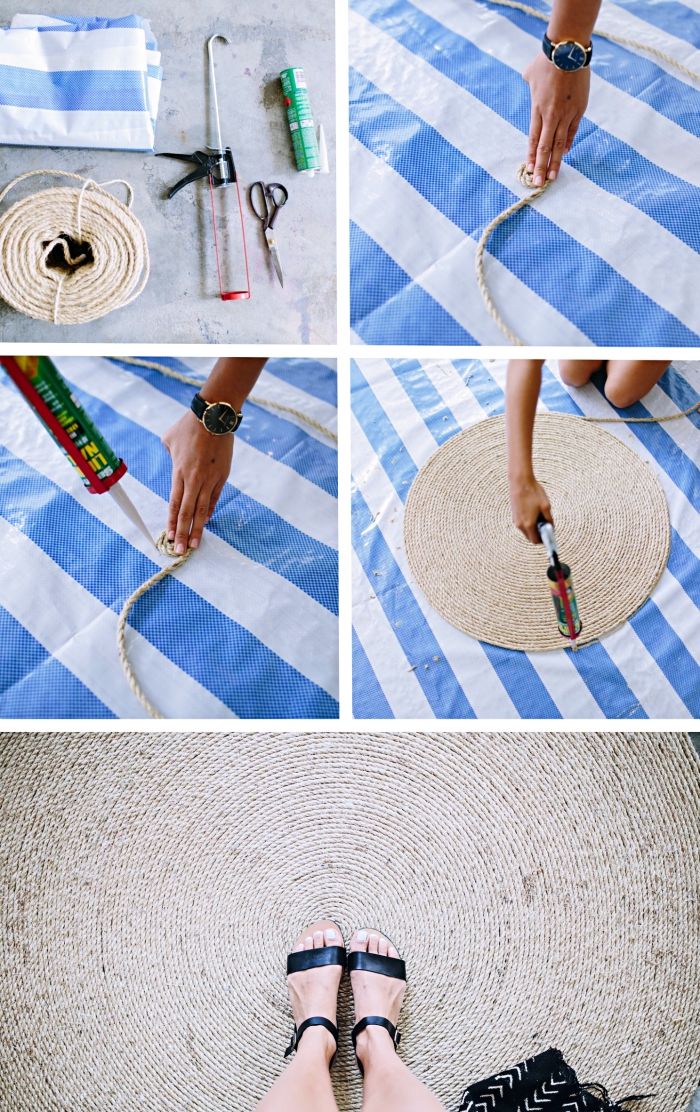 comment faire un tapis en corde facile, modèle de tapis diy en corde en forme de spirale, tutoriel pour créer un tapis