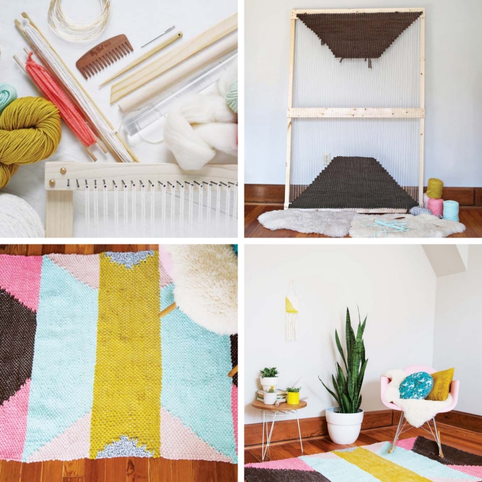 modèle de tapis tissé en couleurs, idée comment faire un objet déco multicolore, design intérieur avec objets colorés