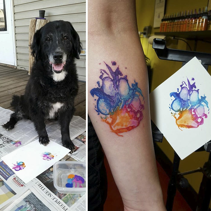 Tatouage jambe femme, design original de tatouage, idée pour les femmes, patte de chien coloré dessin tatouage