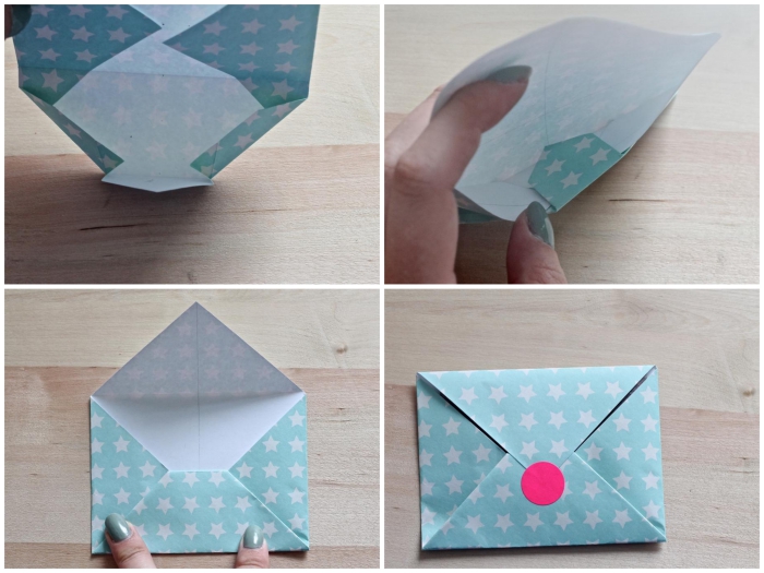 les étapes de pliage d'une enveloppe en origami facile pour offrir une petite surprise à vos proches, enveloppe diy en papier à pois fermée avec un sticker autocollant