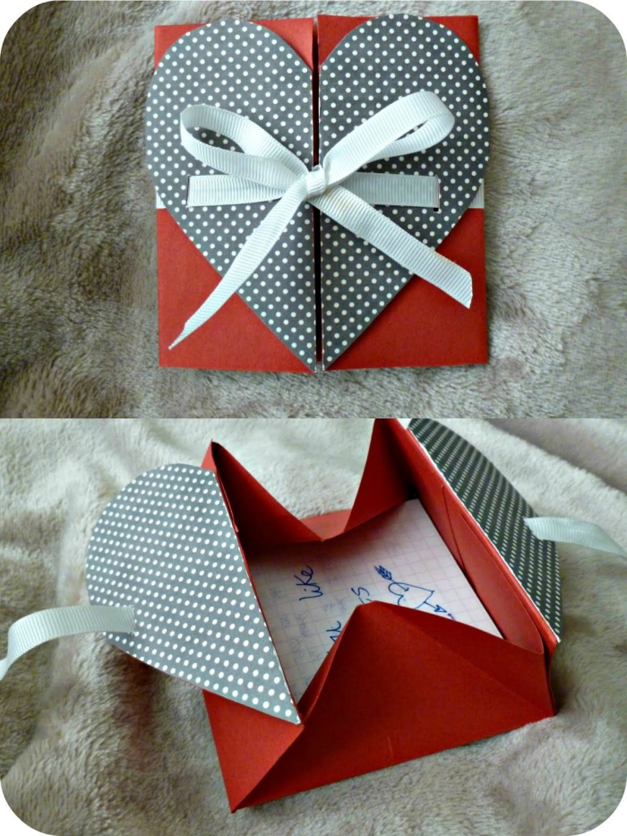 modèle d'enveloppe origami feuille a4 avec fermeture coeur à pois et un joli ruban, enveloppe ou pochette origami pour y glisser un mot d'amour 