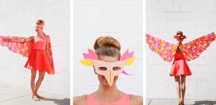 comment fabriquer un déguisement facile pour halloween, modèle de costume femme avec ailes en carton et papier coloré