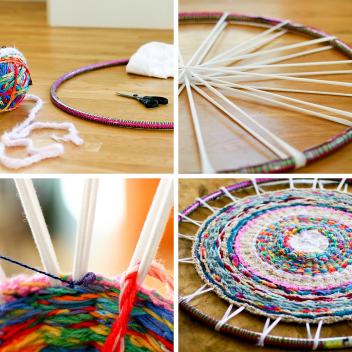 étapes à suivre pour faire un tapis multicolore avec hula hoop et laine, modèle de tapis rond à design bariolé