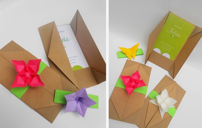 jolie pochette origami asymétrique en papier kraft pour accueillir un faire-part ou une invitation de mariage, décorée avec une fleur en origami