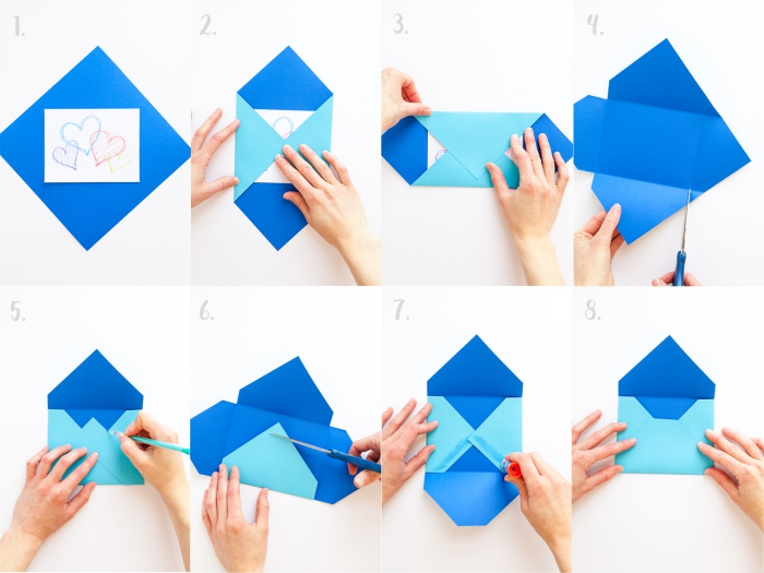 trois façons de fabriquer une enveloppe facile à l'aide de quelques pliages, une paire de ciseaux et de la colle, enveloppe carrée en papier double face 