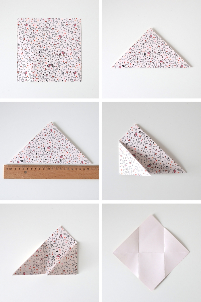tuto avec explications détaillées en photos pour réaliser une enveloppe en origami carrée spéciale saint-valentin, petite enveloppe avec fermeture coeur en papier origami motif bucolique 