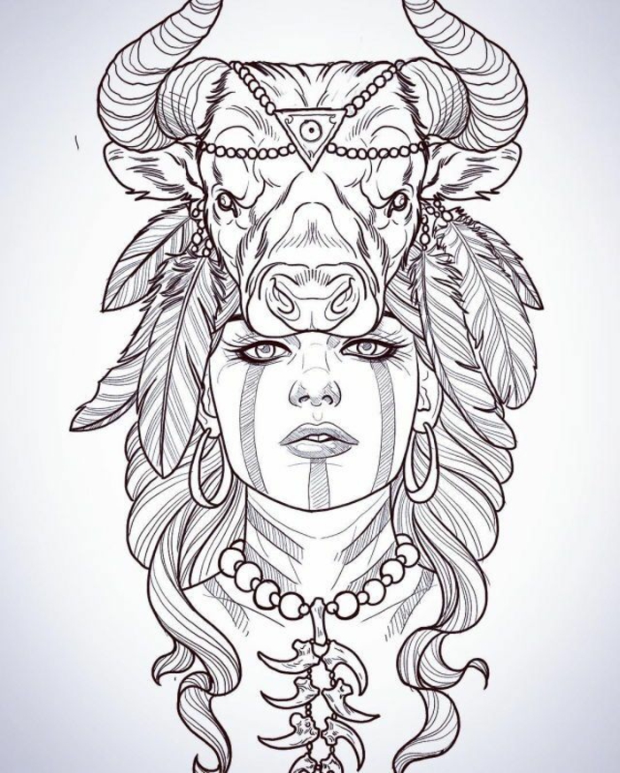 Photo tatouage dessin noir et blanc à copier sur sa peau, tatouage complexe, femme et sa masque animal 