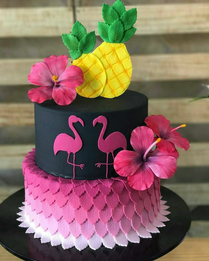 Idée gateau anniversaire simple et beau, gateau anniversaire adulte original flamandes et ananas en pate a sucre