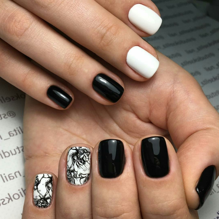 ongles courts en noir et blanc, dessin sur ongle avec outil spécial, déco ongles en deux couleurs