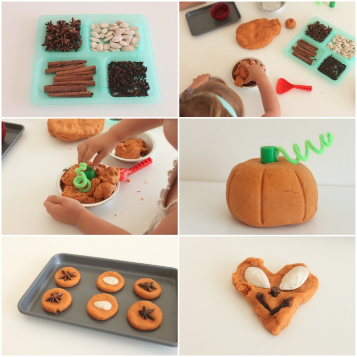 une activité sensorielle sur le thème d'automne avec de la pate a modeler maison teintée orange, façonner une citrouille et des cookies en pâte à modeler
