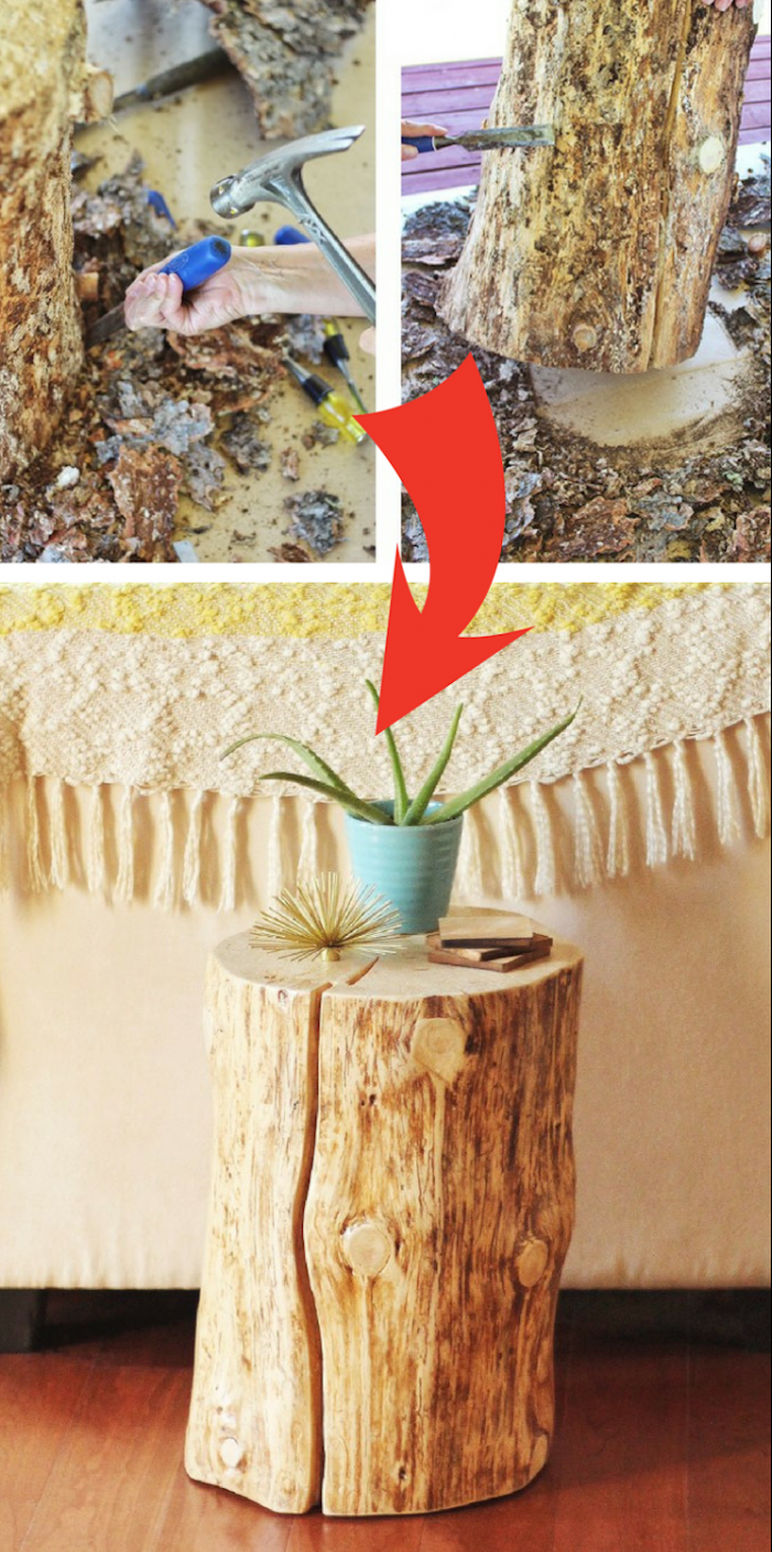 tuto pour faire une table basse rondin de bois, comment éliminer l écorce du rondin, ranger pot de fleur, fond tissu mural