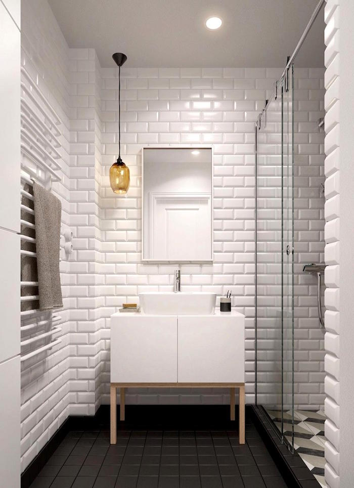 meuble salle de bain avec vasque design carré blanc dans sb avec carrelage mural blanc et sol gris avec douche carrelée effet 3d 
