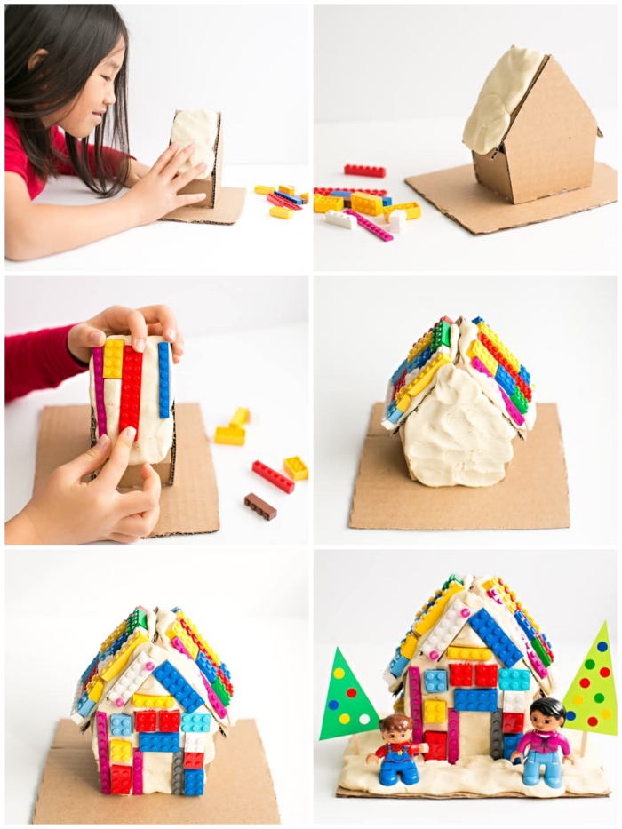 atelier créatif pour le week-end avec des jeux de pâte à modeler, décorer une petite maison en carton avec de la pâte à modeler et des briques de légo