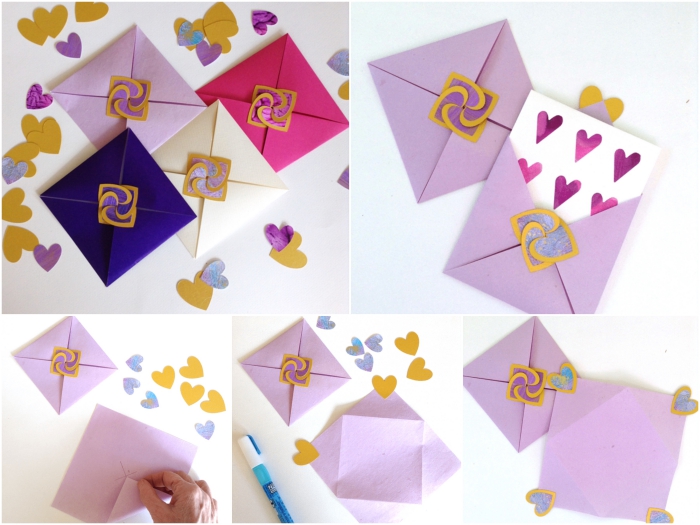comment faire une enveloppe en papier facile et rapide, enveloppe diy format carré avec fermeture coeur originale 