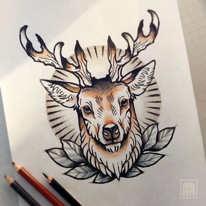 Le tatouage le plus beau du monde, photo de dessin avec design de tatouage simple, cerf beau tatouage animal coloré