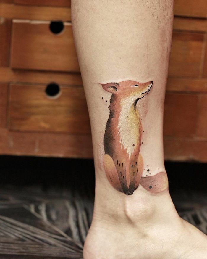 Cool tatouage commun couple, tatouage minimaliste idée comment se tatouer, renard adorable coloré dessin